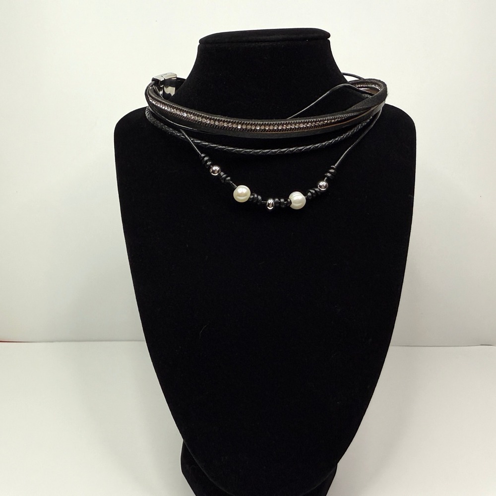 Rhinestone Pearl Multi Layered Choker Necklace Black Cord Silver Magnetic Clasp